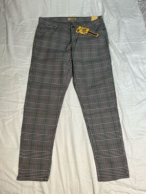 Hybrid & Company Gray Plaid Skinny Pants with Black and Red Accents